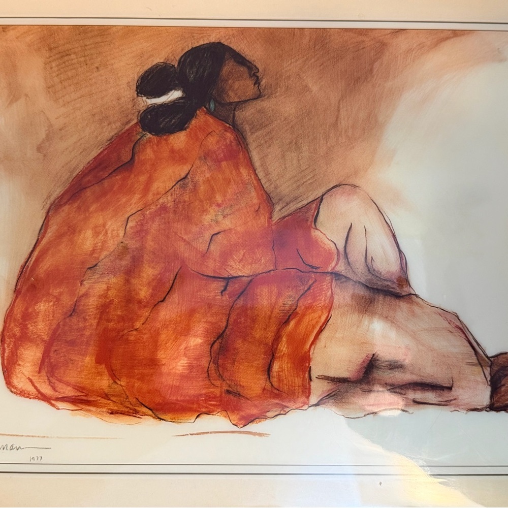 “Woman in the Orange Blanket” Elegant Orange and Brown Art Print TILE “signed”